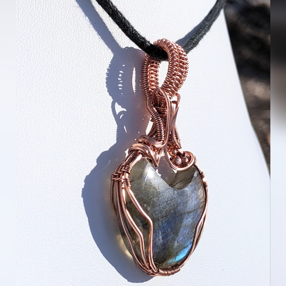 Ethereal Moon Pendant-Artisan-Blue Labradorite Gemstone-Copper Wire Wrap - Picture 4 of 17